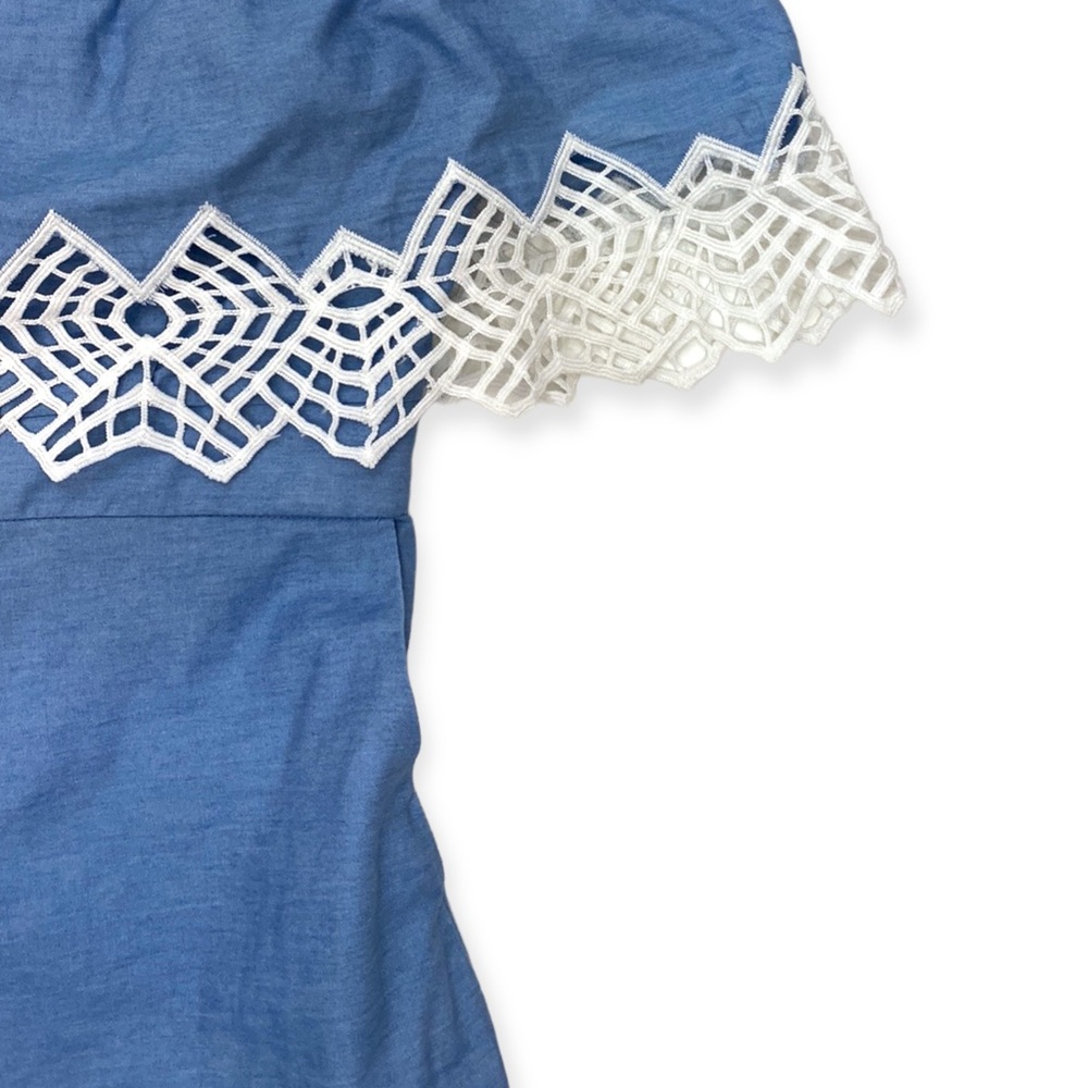 BARDOT Womens Off The Shoulder Lace Embroidered Jumpsuit Romper Blue Size Large - Picture 3 of 8